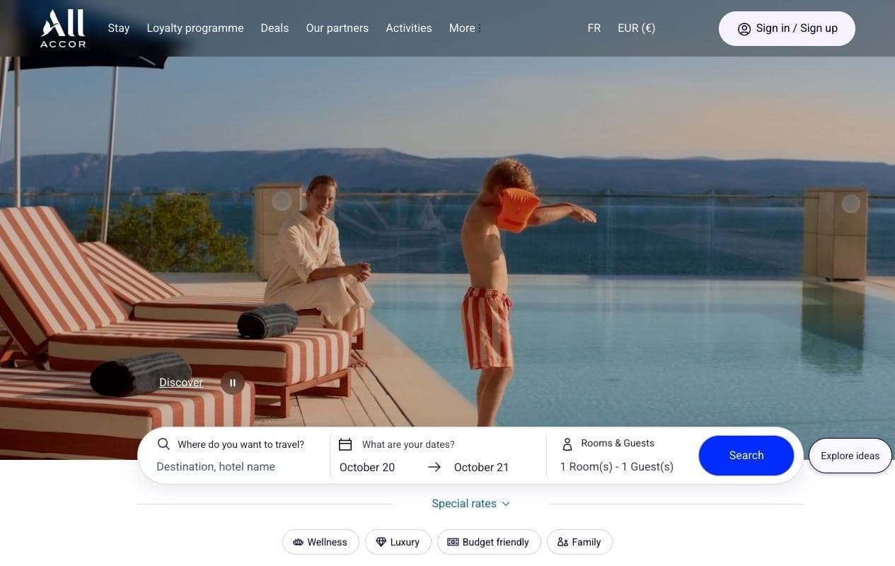 ALL Accor home page with the hotel search bar that opens the booking funnel