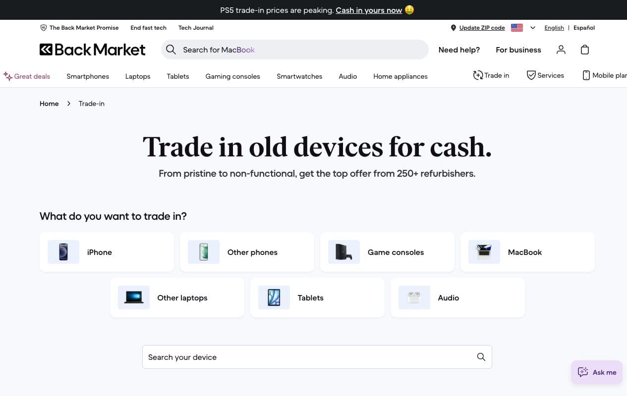 Back Market trade-in page: trade in old devices for cash, offers from 250+ refurbishers