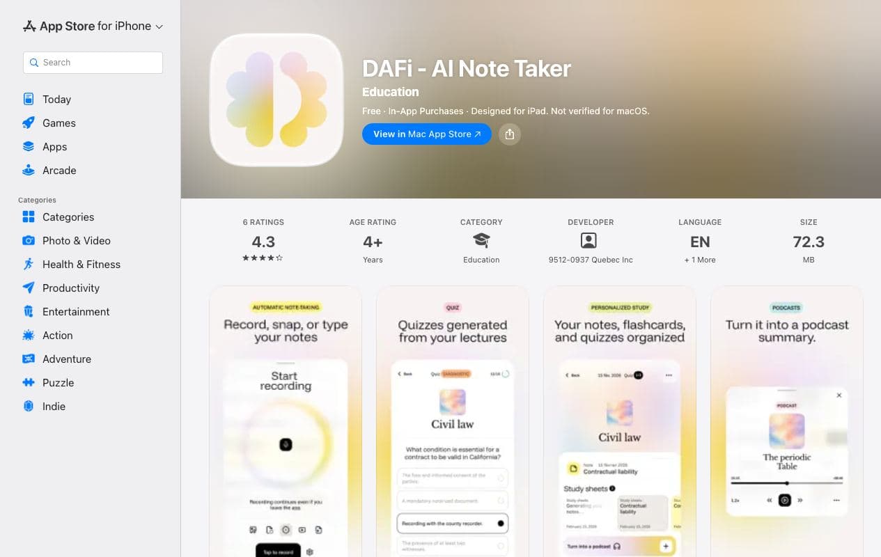 DAFi on the App Store: AI note taker, with screenshots of recording, quizzes and podcasts