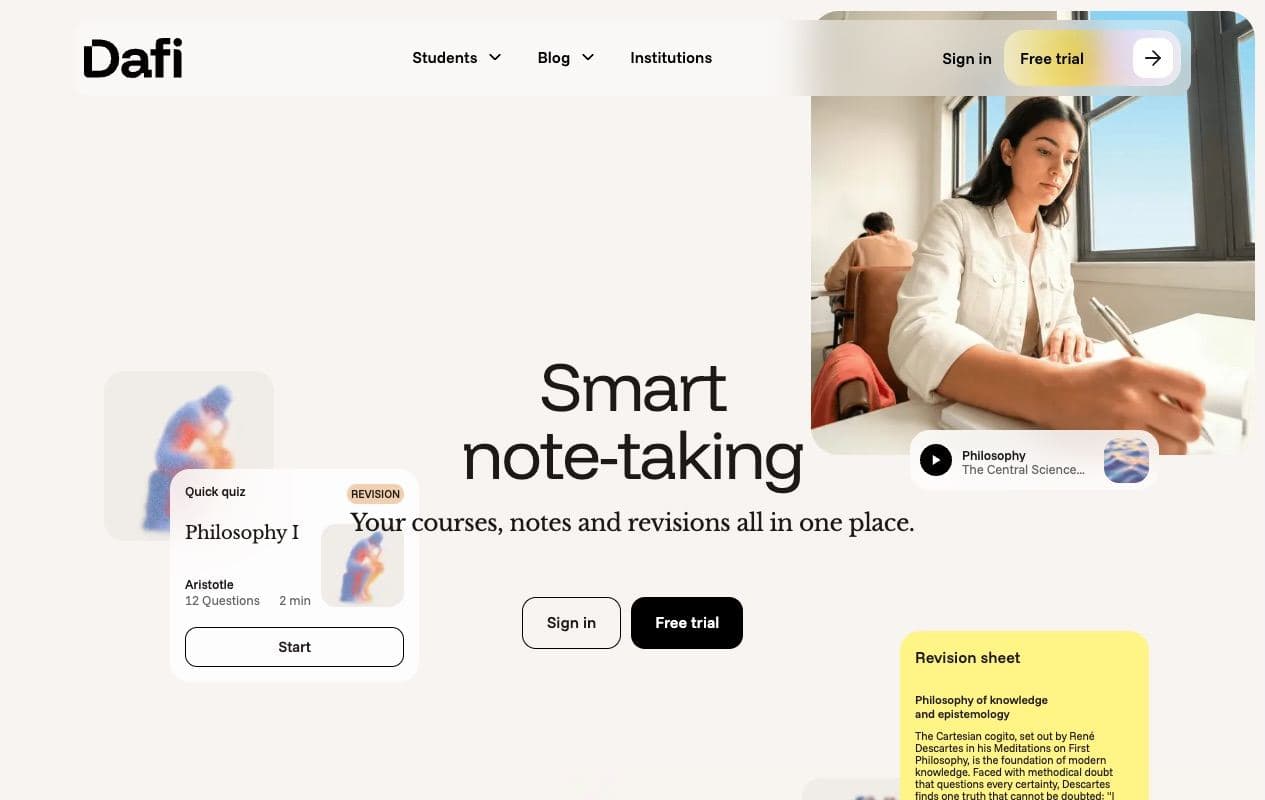 DAFi landing page: smart note-taking for students