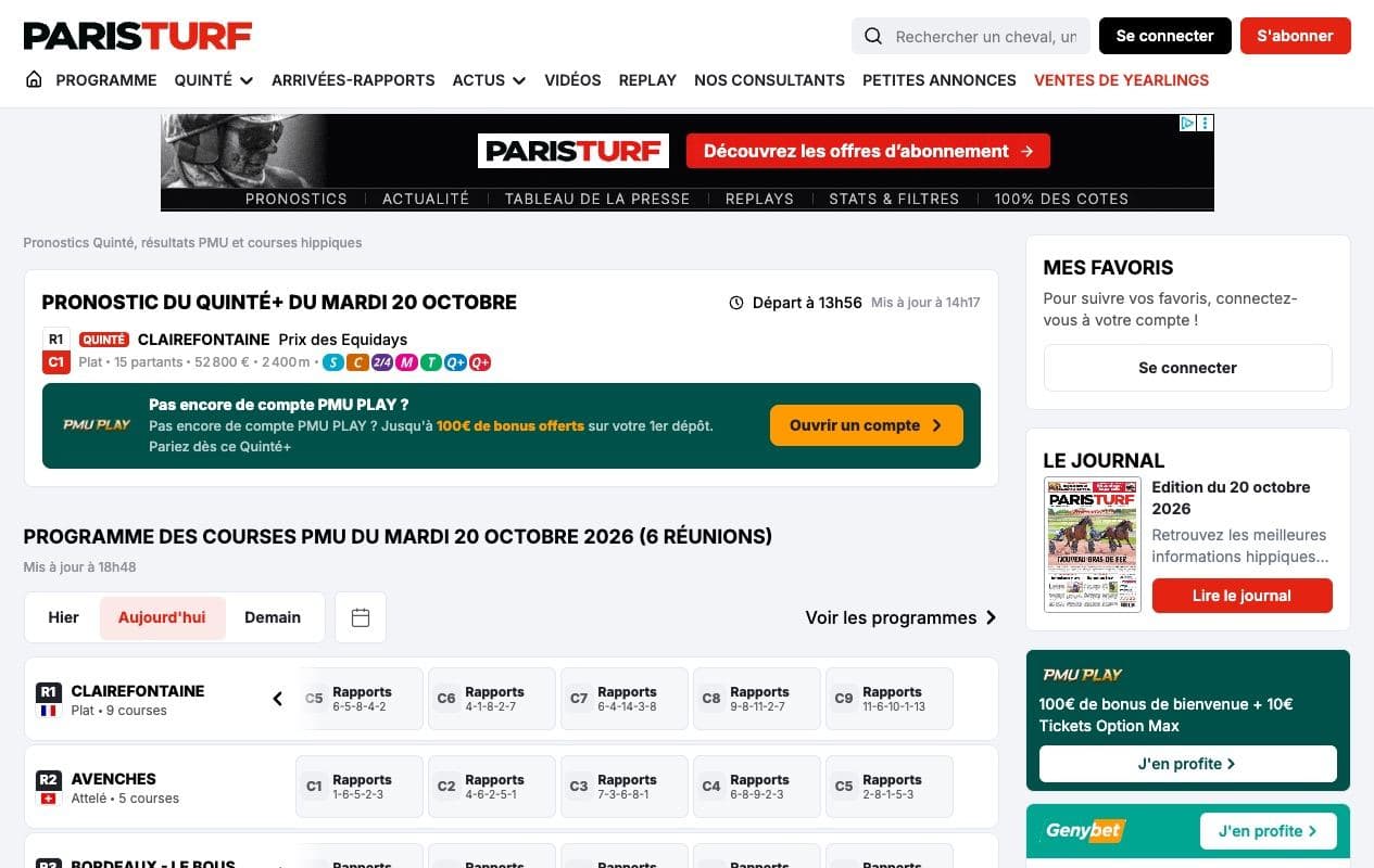 Paris-Turf home page with the race programme